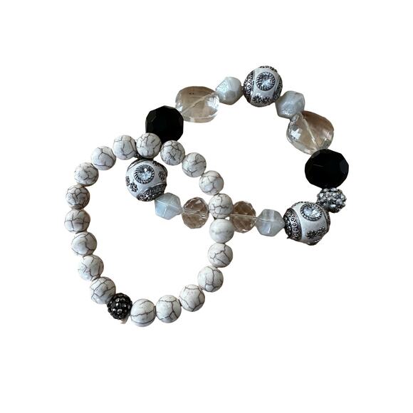 Pair of Black and White Stone and Glass Stretch Bracelets - Picture 1 of 7